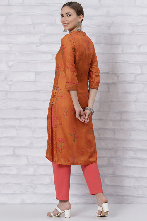 Orange Poly Cotton Straight Kurta image number 4
